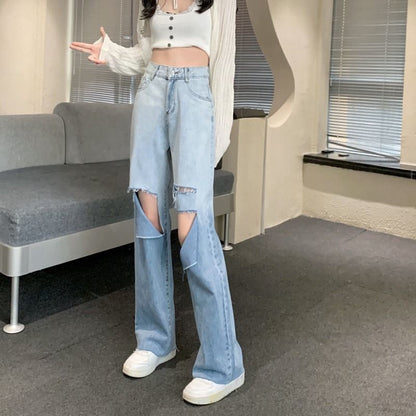Jeans Wide Distressed Gradient High Waist Washed Leg