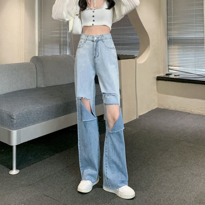 Jeans Wide Distressed Gradient High Waist Washed Leg