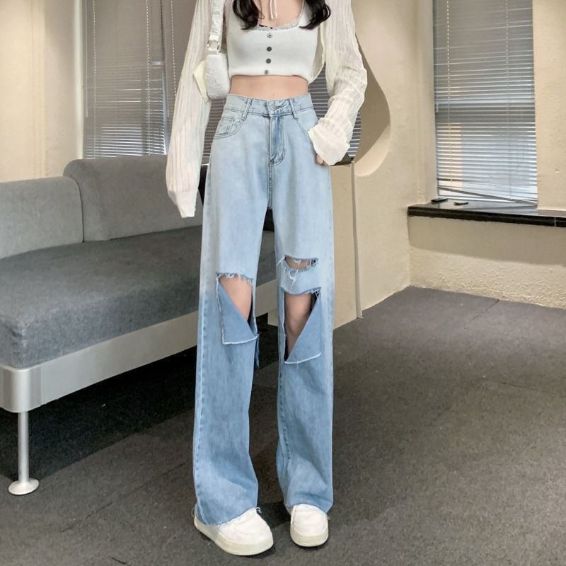 Jeans Wide Distressed Gradient High Waist Washed Leg