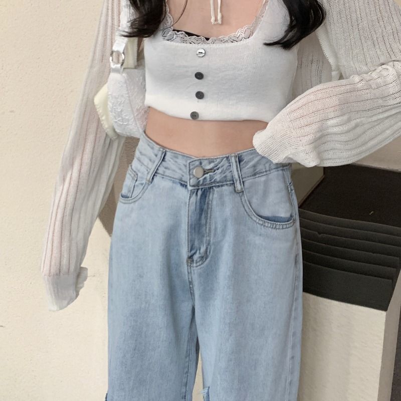 Jeans Wide Distressed Gradient High Waist Washed Leg