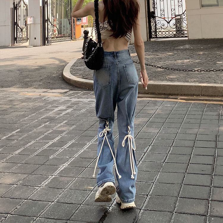 High Lace Jeans Washed Flared Rise Up