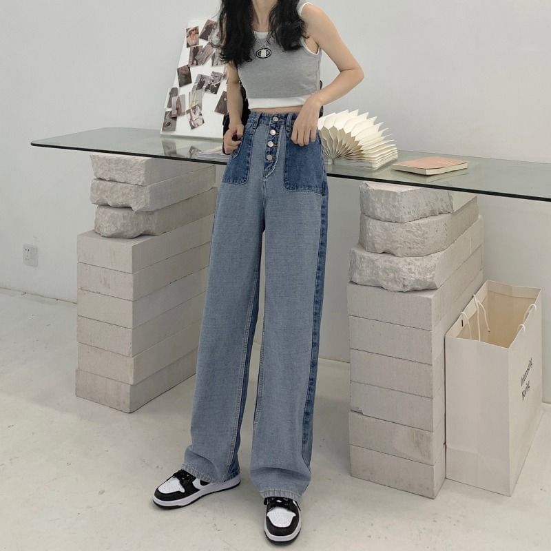 Wide Washed Leg Jeans Waist High Panel