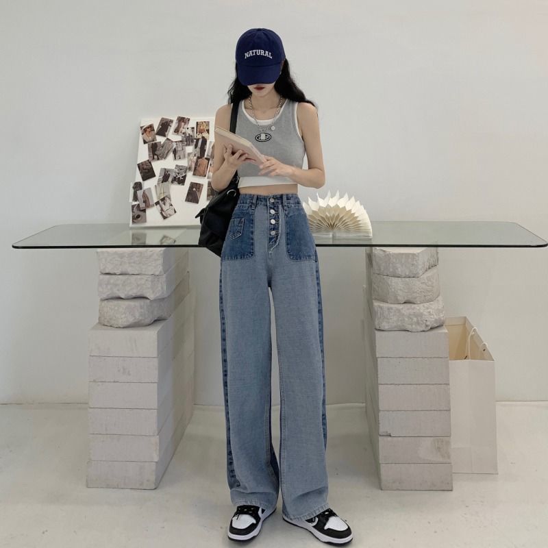 Wide Washed Leg Jeans Waist High Panel