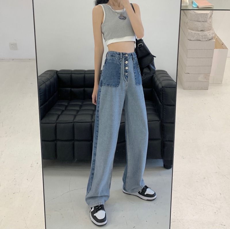 Wide Washed Leg Jeans Waist High Panel