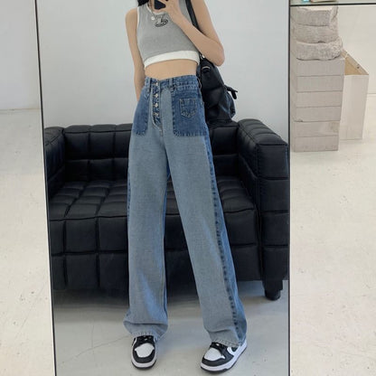 Wide Washed Leg Jeans Waist High Panel