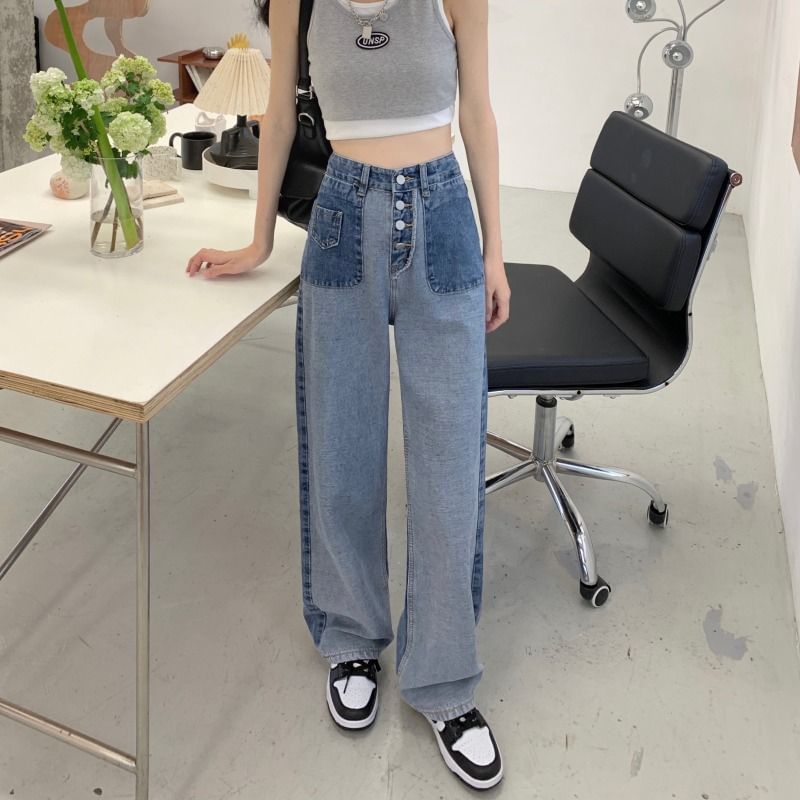 Wide Washed Leg Jeans Waist High Panel