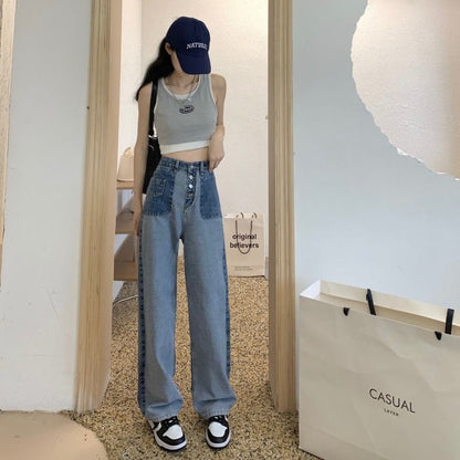 Wide Washed Leg Jeans Waist High Panel
