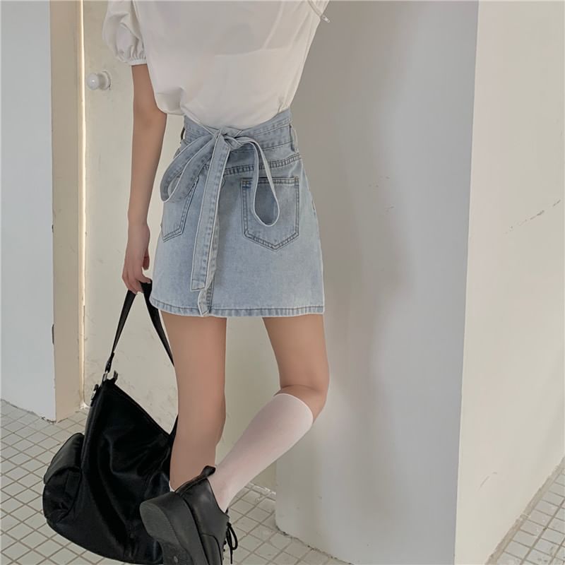 Skirt A-Line Rise Mini High Back Tie Washed Denim