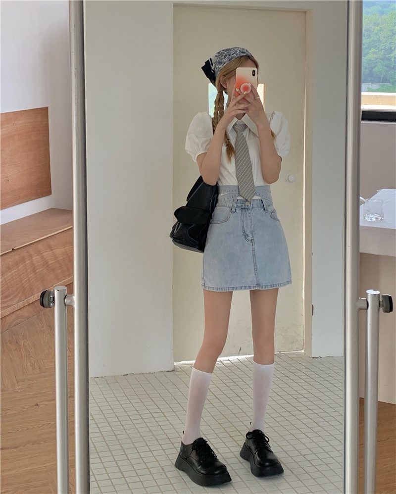 Skirt A-Line Rise Mini High Back Tie Washed Denim