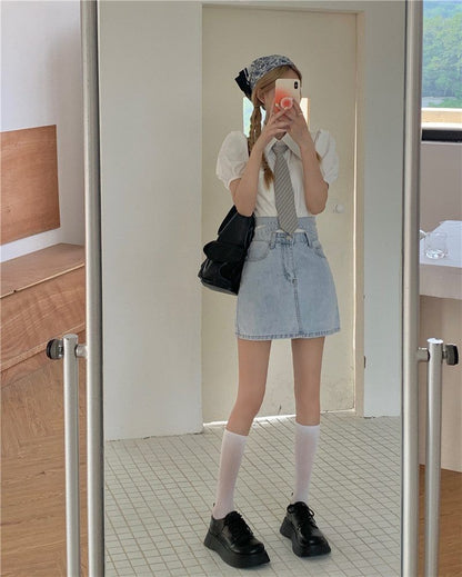 Skirt A-Line Rise Mini High Back Tie Washed Denim