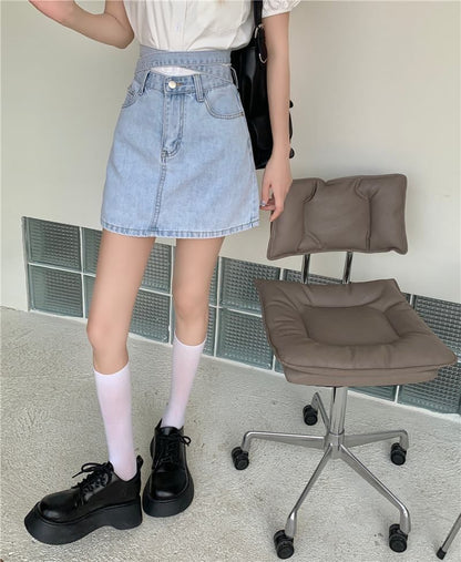 Skirt A-Line Rise Mini High Back Tie Washed Denim