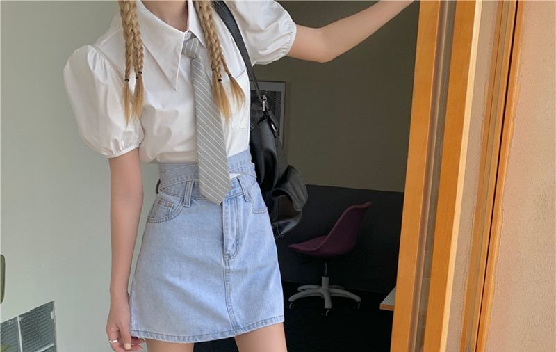 Skirt A-Line Rise Mini High Back Tie Washed Denim