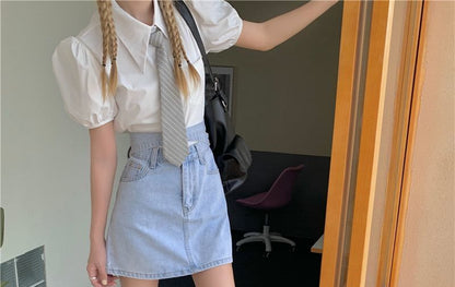 Skirt A-Line Rise Mini High Back Tie Washed Denim