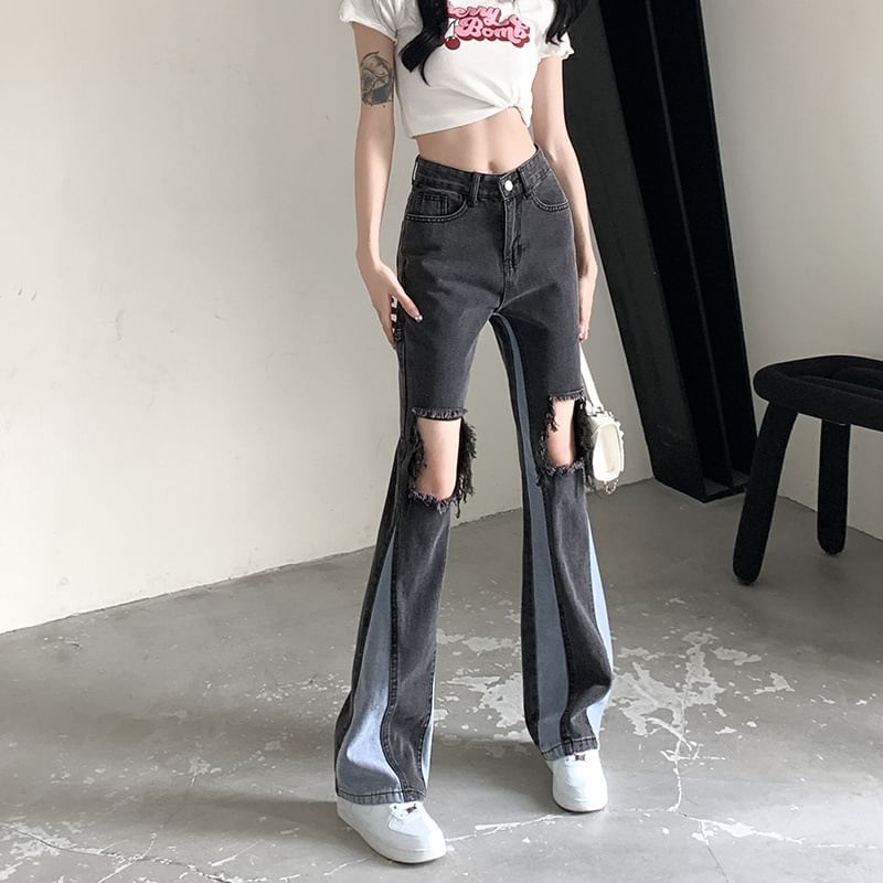 Panel Waist Jeans High Washed Flared Distressed