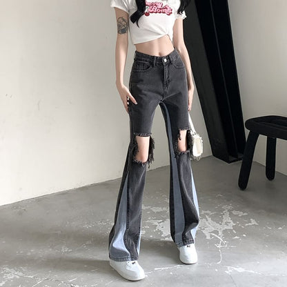 Panel Waist Jeans High Washed Flared Distressed