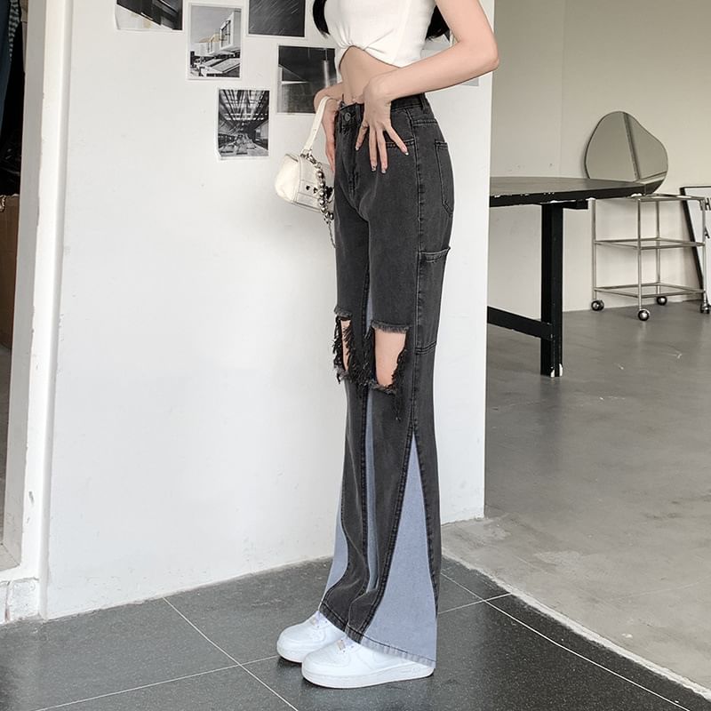 Panel Waist Jeans High Washed Flared Distressed