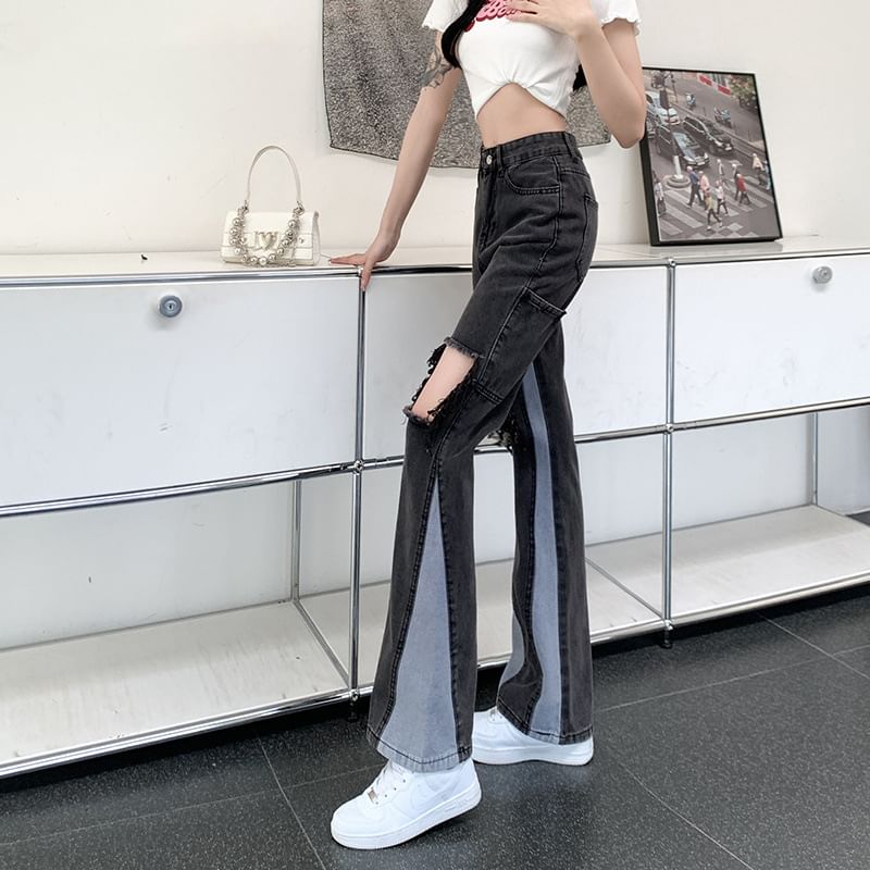 Panel Waist Jeans High Washed Flared Distressed