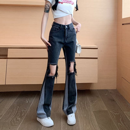 Panel Waist Jeans High Washed Flared Distressed