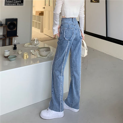 Leg High Washed Rise Panel Jeans Wide Fray