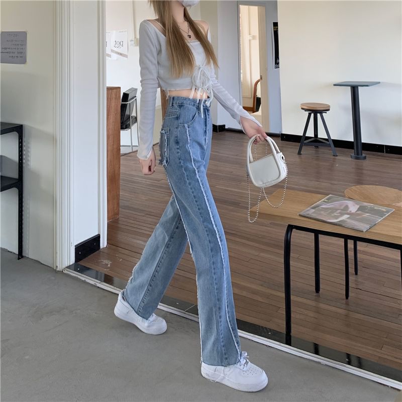 Leg High Washed Rise Panel Jeans Wide Fray