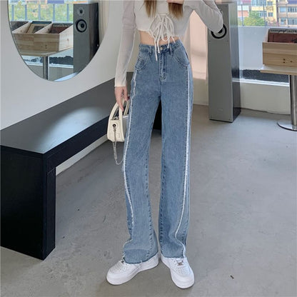 Leg High Washed Rise Panel Jeans Wide Fray