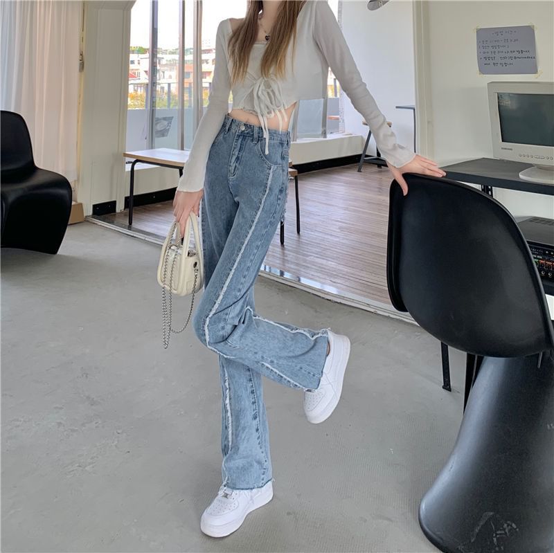 Leg High Washed Rise Panel Jeans Wide Fray