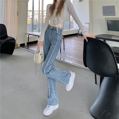 Leg High Washed Rise Panel Jeans Wide Fray