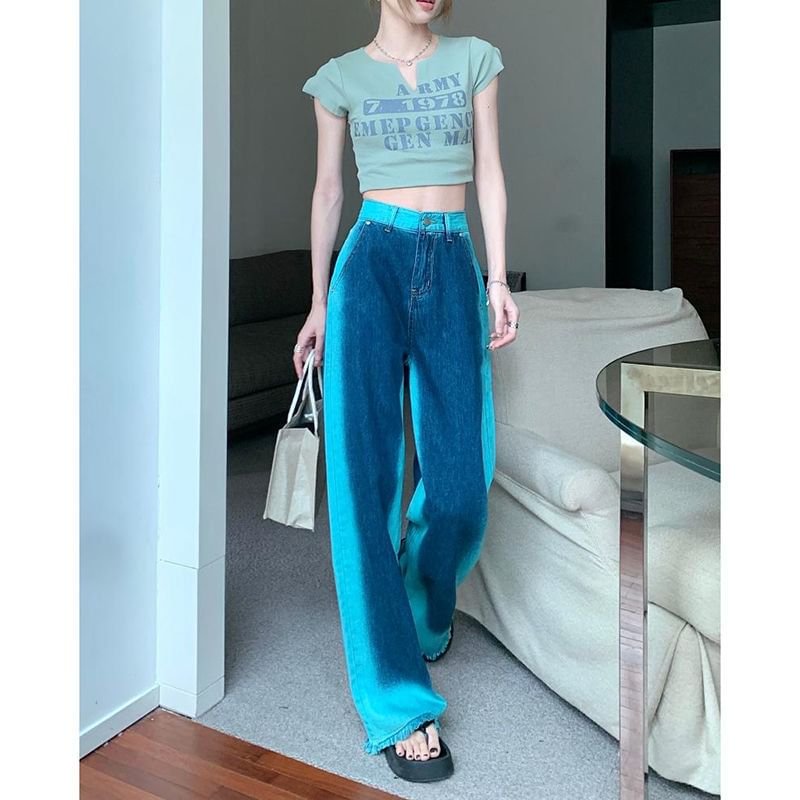 High Leg Wide Fray Jeans Washed Rise