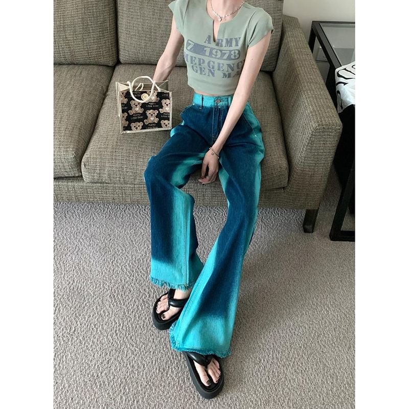 High Leg Wide Fray Jeans Washed Rise