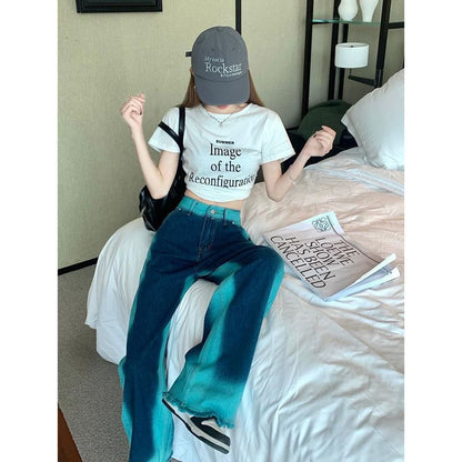 High Leg Wide Fray Jeans Washed Rise