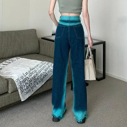 High Leg Wide Fray Jeans Washed Rise