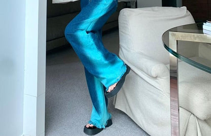 High Leg Wide Fray Jeans Washed Rise