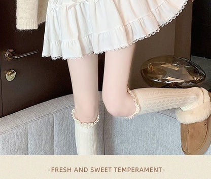 Ruffle A-Line Plain Elastic Waist Skirt Mini Bow