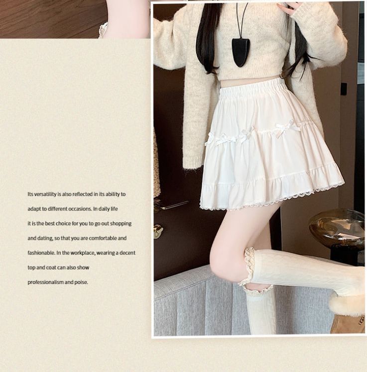 Ruffle A-Line Plain Elastic Waist Skirt Mini Bow