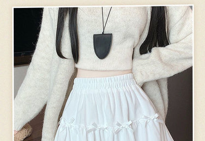 Ruffle A-Line Plain Elastic Waist Skirt Mini Bow