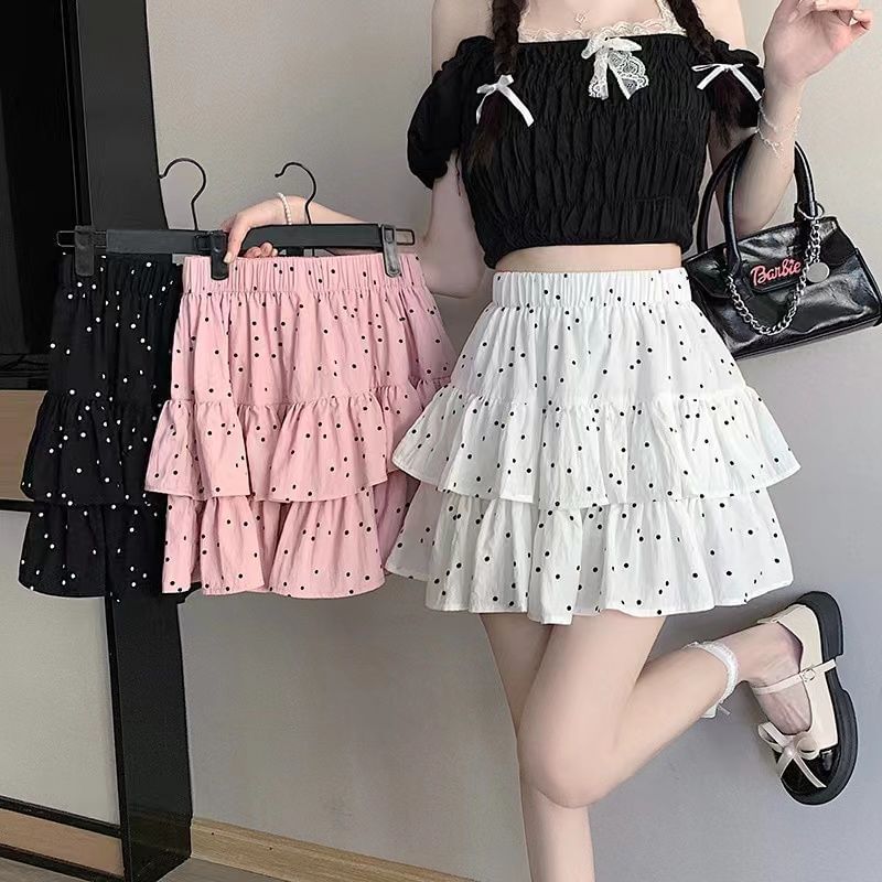 A-Line Dotted Skirt Ruffle Elastic Waist Mini
