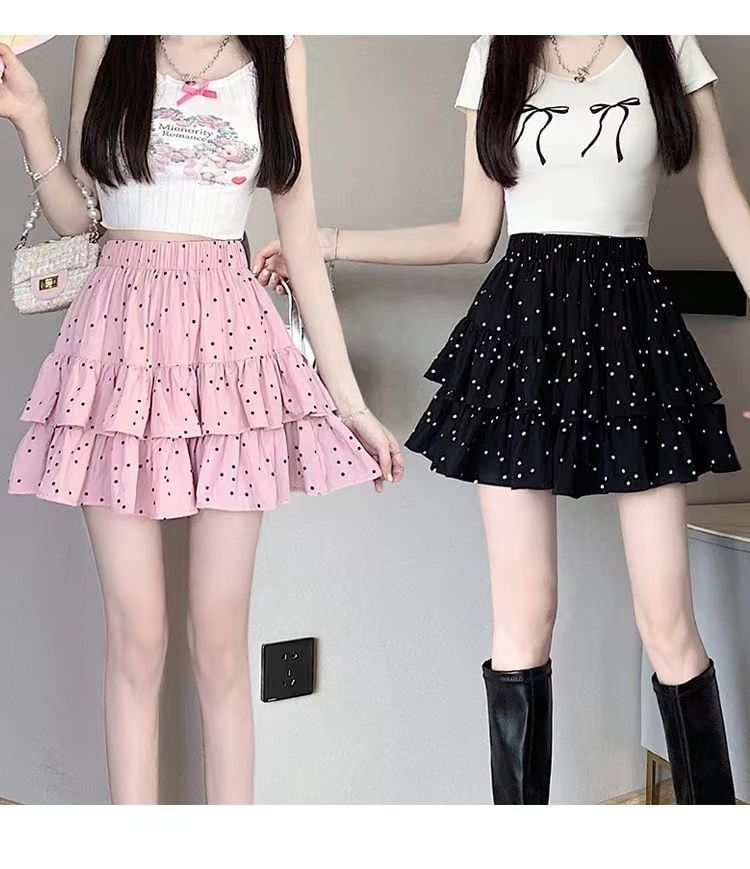 A-Line Dotted Skirt Ruffle Elastic Waist Mini