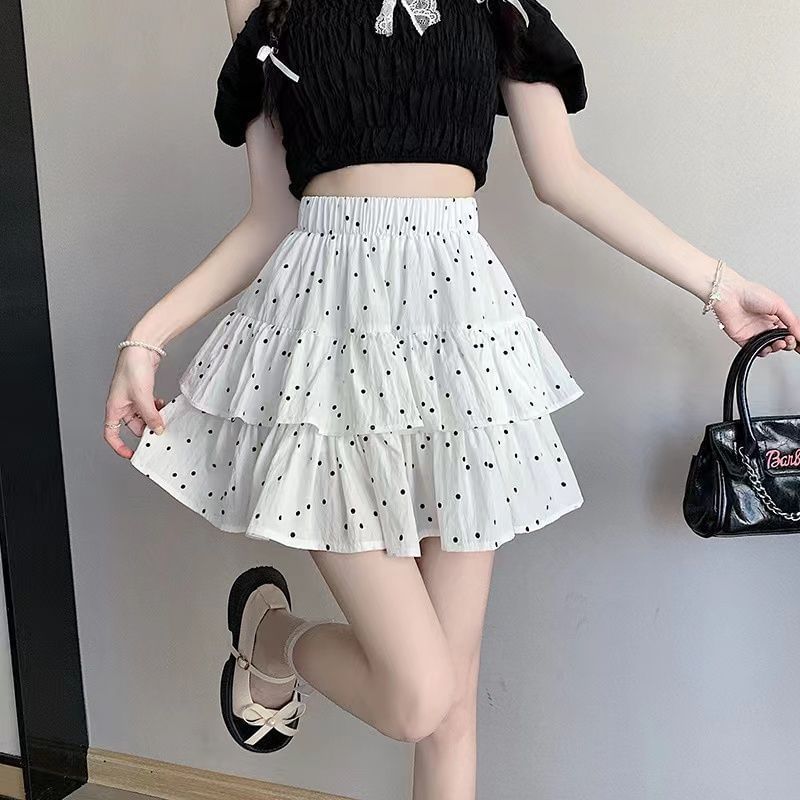 A-Line Dotted Skirt Ruffle Elastic Waist Mini
