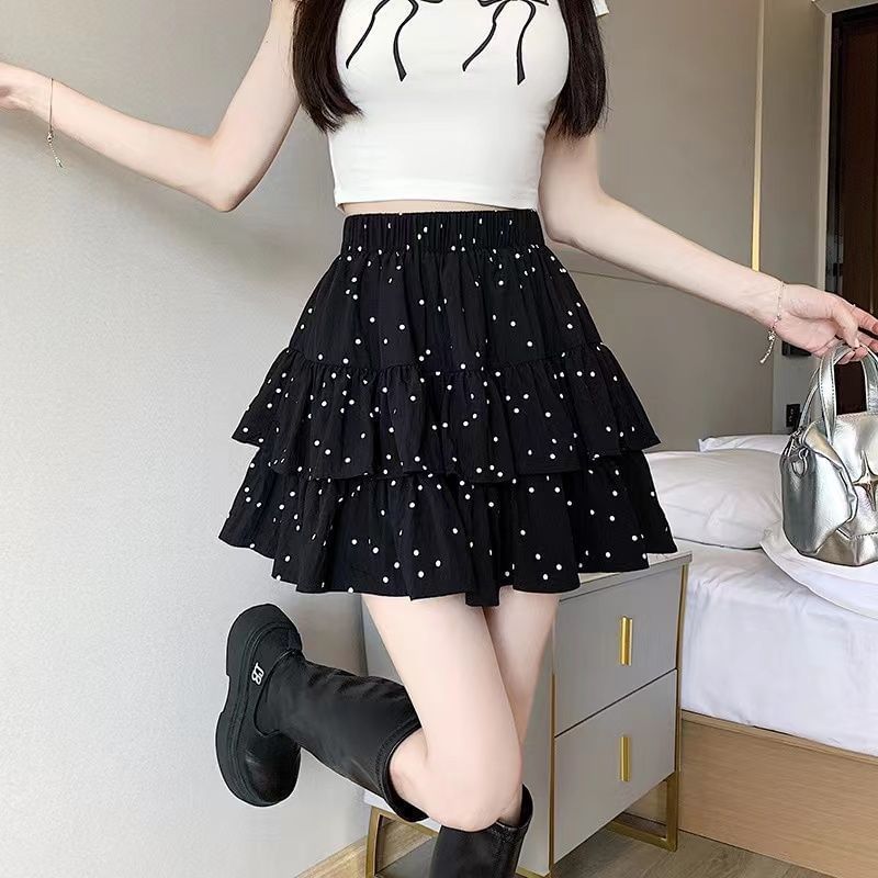 A-Line Dotted Skirt Ruffle Elastic Waist Mini