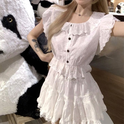 Blouse / Lace Skirt Cap-Sleeve Flower Mini Plain Waist High A-Line Trim Embroidered