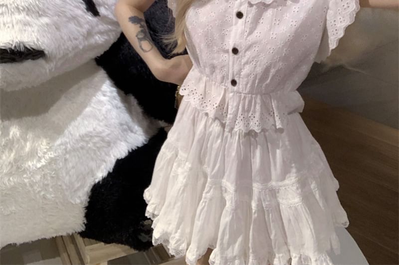 Blouse / Lace Skirt Cap-Sleeve Flower Mini Plain Waist High A-Line Trim Embroidered