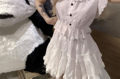 Blouse / Lace Skirt Cap-Sleeve Flower Mini Plain Waist High A-Line Trim Embroidered