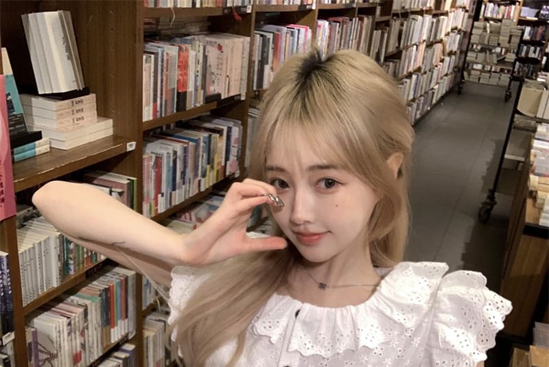 Blouse / Lace Skirt Cap-Sleeve Flower Mini Plain Waist High A-Line Trim Embroidered