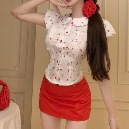 Puff-Sleeve Floral Mini / Pencil Plain Mid Shirt Skirt Rise