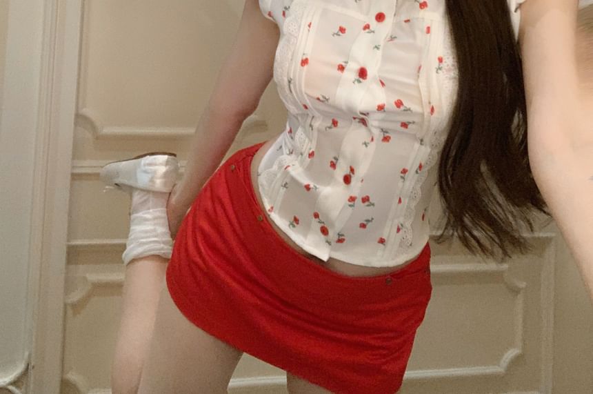 Puff-Sleeve Floral Mini / Pencil Plain Mid Shirt Skirt Rise
