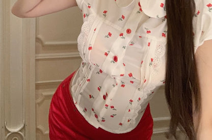 Puff-Sleeve Floral Mini / Pencil Plain Mid Shirt Skirt Rise