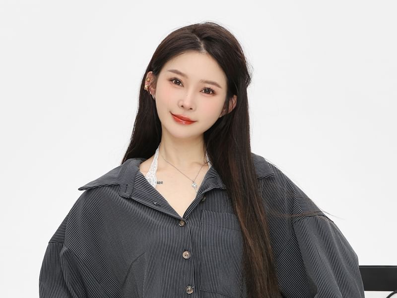 Shirt Long-Sleeve Plain Oversized Trim / Camisole Striped Front Top Pocket Lace