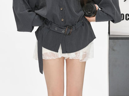 Shirt Long-Sleeve Plain Oversized Trim / Camisole Striped Front Top Pocket Lace