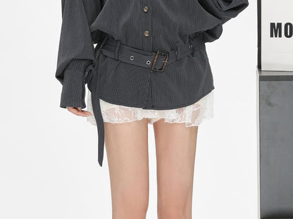 Shirt Long-Sleeve Plain Oversized Trim / Camisole Striped Front Top Pocket Lace