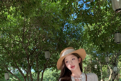 Plain / Puff-Sleeve Shorts Ruffle High Shirt Lace-Up Waist